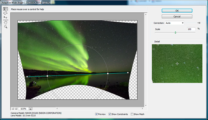 Screen shot of Adobe Photoshop Adaptive wide angle lens feature 