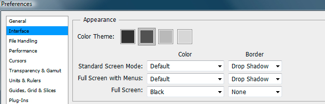 Adobe Photoshop preferences showing how to change the interface color