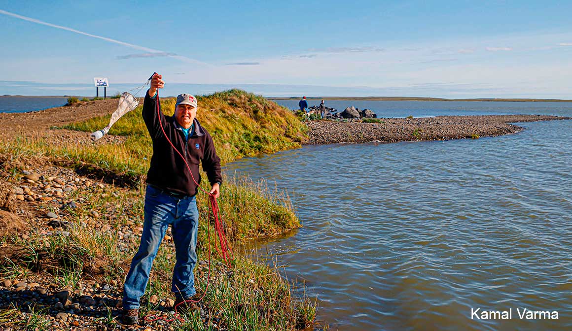Robert swinging a plankton net to collect specimens from the ocean for microscopy. by Kamal Varma