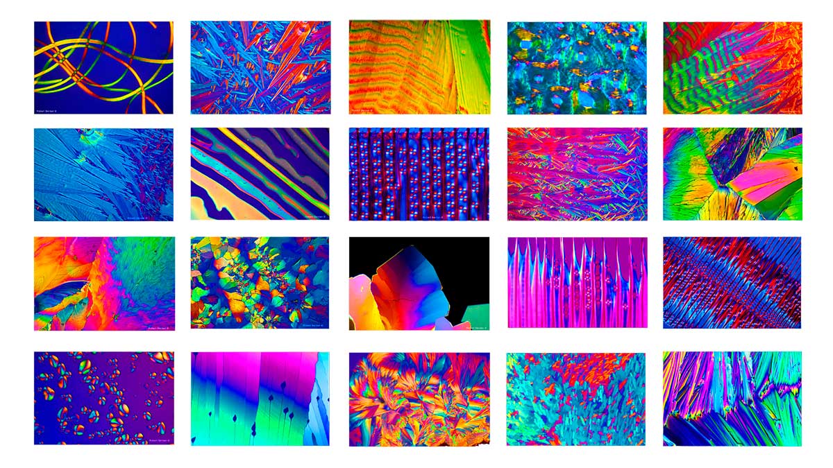 Array of photographs taken through a light microscope with specimens including: wool, caffeine, bone, muscle, potato starch grains and a wide variety of crystals by Robert Berdan ©