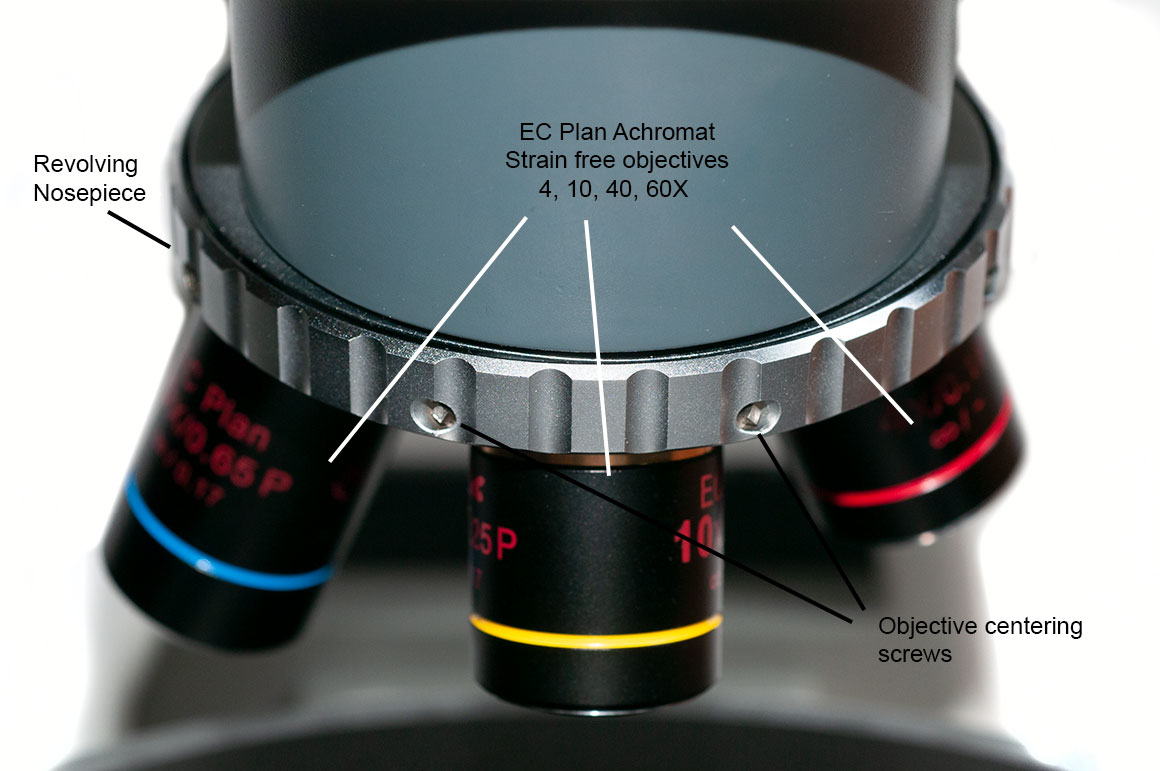 Motic BA310 polarizing microscope objective turret and objectives Robert Berdan ©