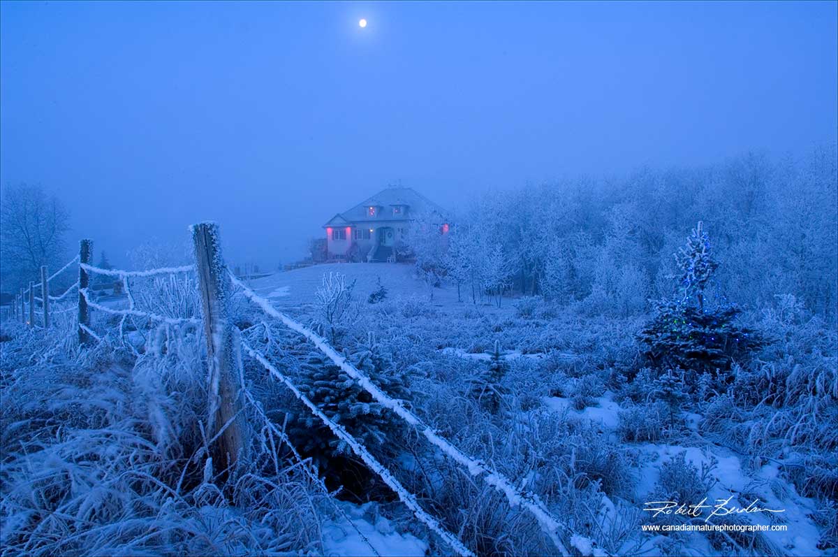 Home in the Bears Paw Area North of Calgary early morning with full moom and Hoar frost by Robert Berdan ©