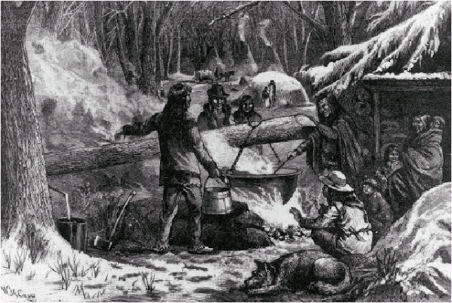Early artwork showing first nations making maple syrup - Wikipedia source 
