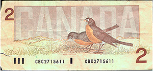 Canadian Two dollar bill with robins on the back 