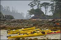 Kayaks on shore line of outer island group off coast of British Columbia by Robert Berdan 